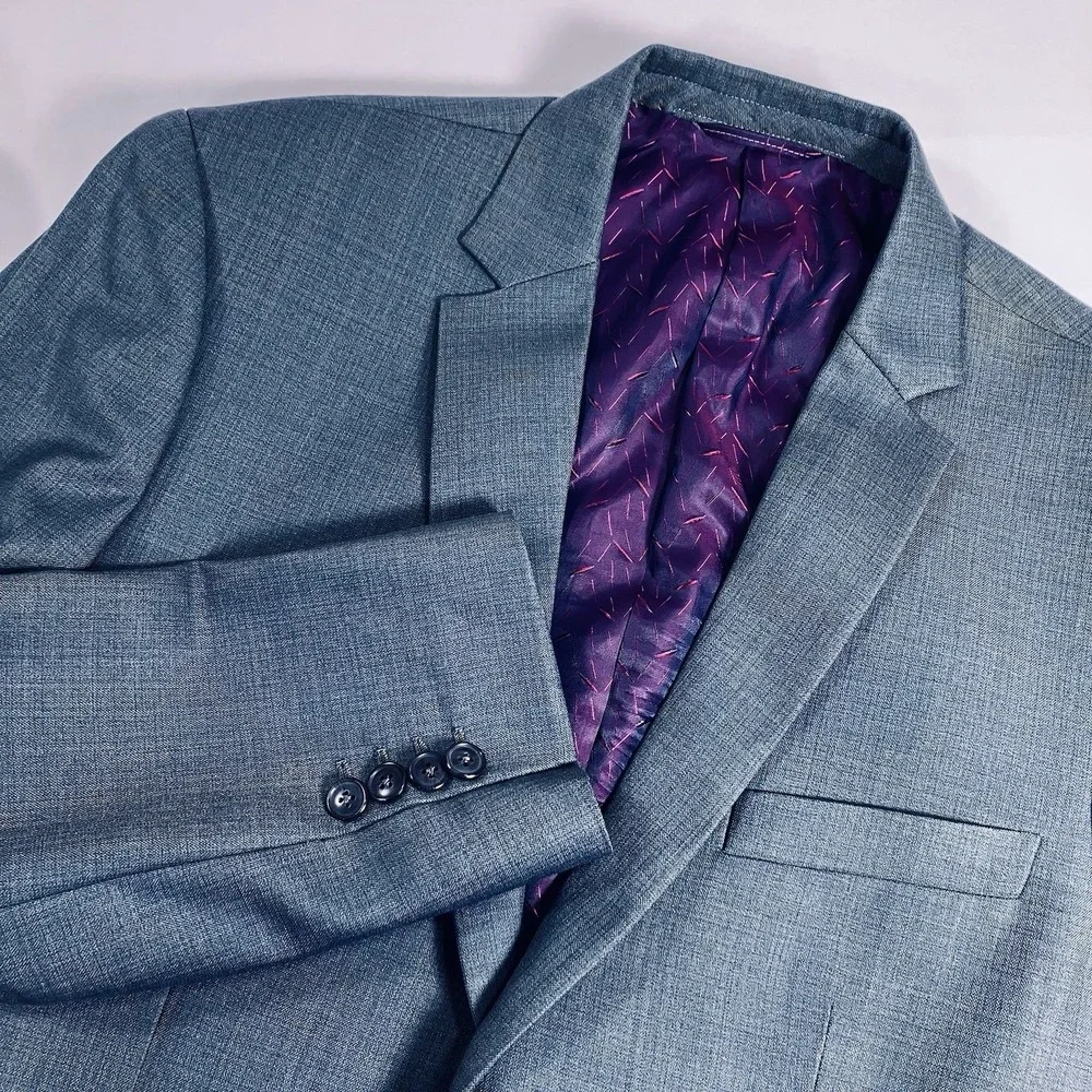 Bespoke Blazer Blue Grey Hand Tailored Two Button Burgundy Purple Jaquard Lining